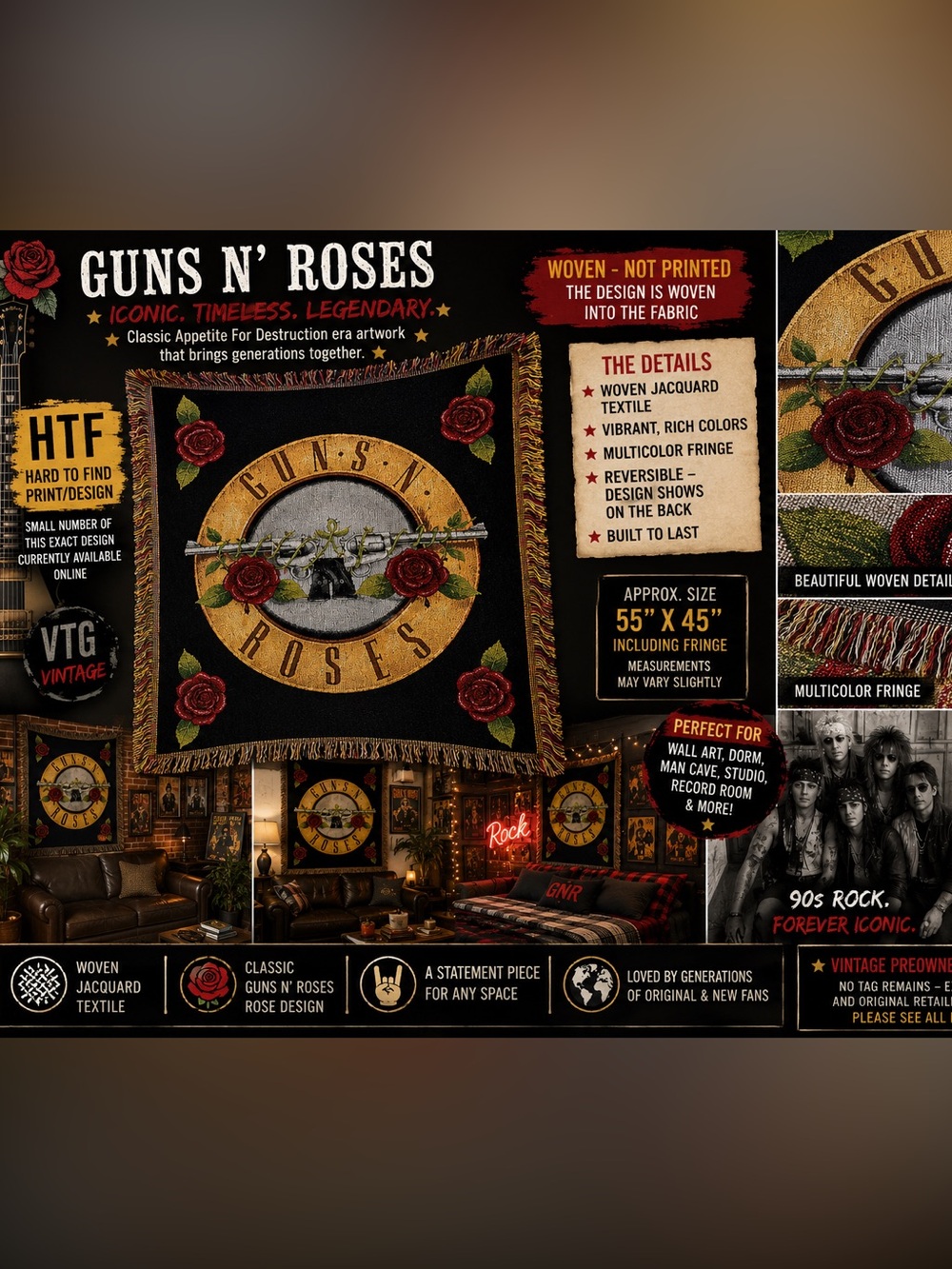 VTG Guns N Roses Woven Tapestry Wall Hanging HTF Rose Rock Decor 55x45 EUC AFD